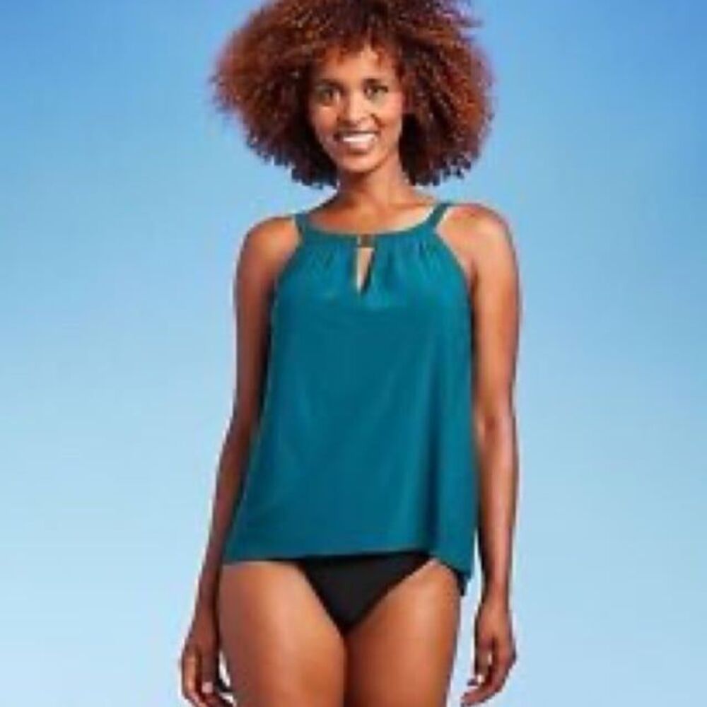Aqua Green UPF 50 High Neck Keyhole Tankini Top Teal Women's Small